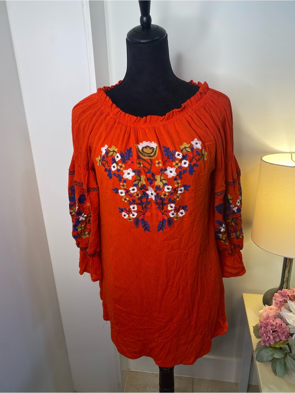 Boho Embroidered Red Tunic Top